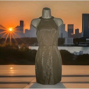 Y2K Champagne Metallic Halter Mini Bodycon Dress Size 0 Stretch Cocktail Party